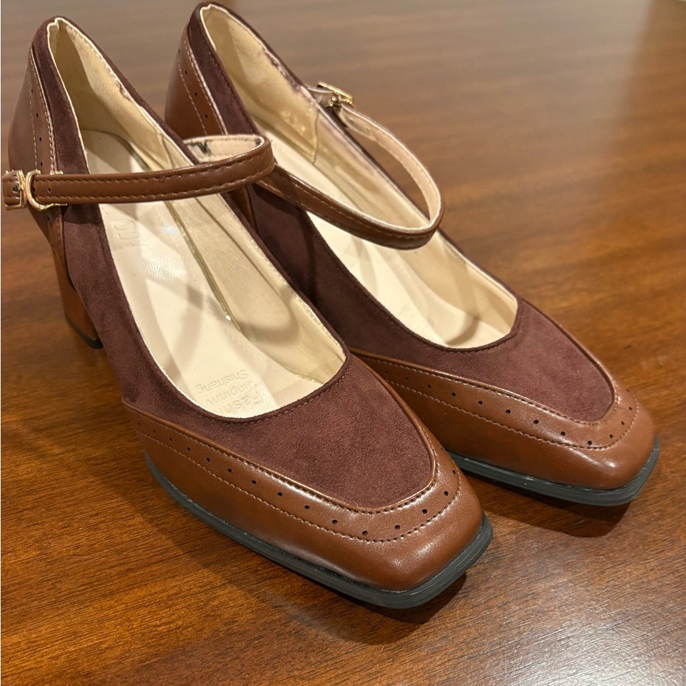 VINTAGE Brown Leather Suede Two-Tone Mary Jane Square-Toe Chunky Mid-Heel Shoes - Picture 4 of 11